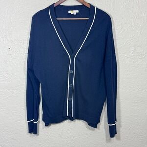 Boden Cardigan Sweater 10 Navy Blue Piping Trim Cashmere Blend K0502 Coastal Art